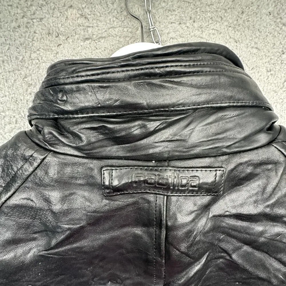 Vintage 90s Nautica Genuine Leather Red Lined Coat Mens 48 XL Hooded Pockets